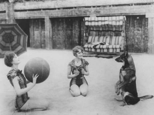 fitzgeraldist: Myrna Loy, Leila Hyams, and Rin Tin Tin playing ball on the beach, 1927.