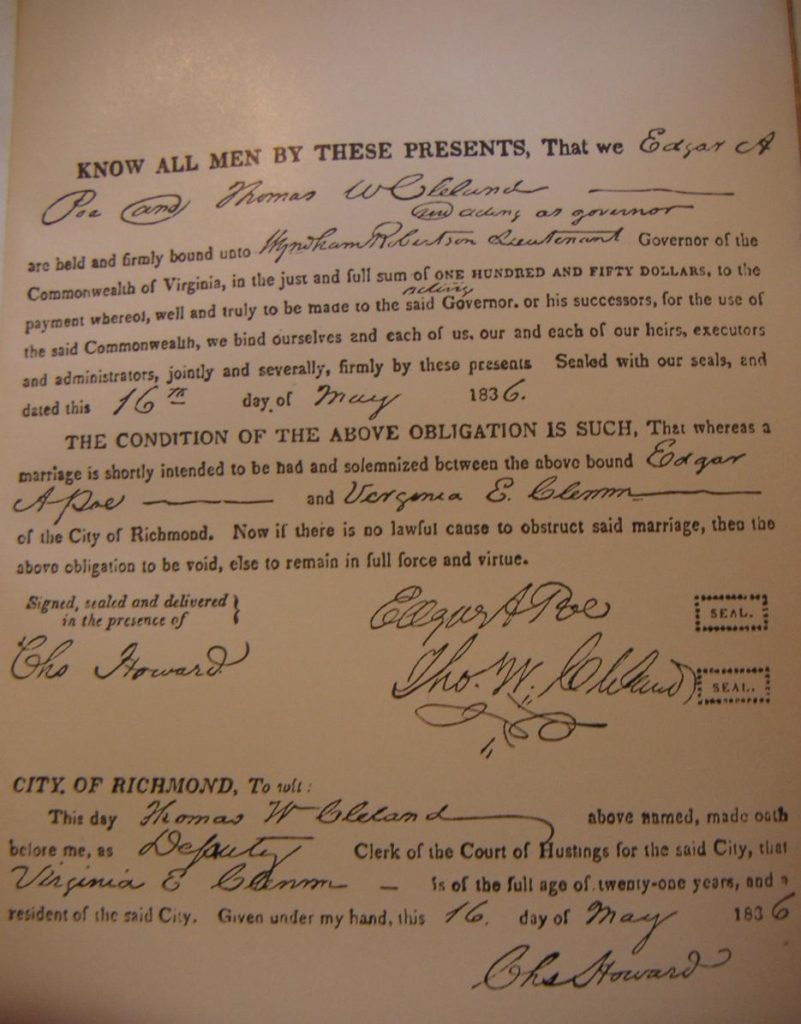 Copy of Clemm and Poe's marriage certificate